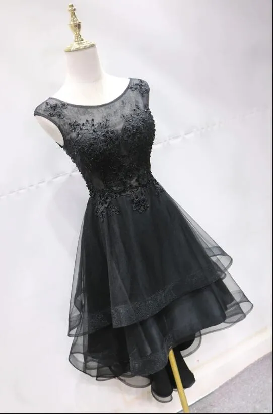 Cute Black Layers High Low Round Neckline Homecoming Dress, Black Party Dress