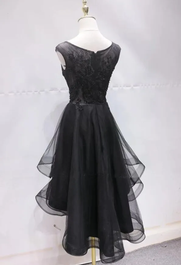 Cute Black Layers High Low Round Neckline Homecoming Dress, Black Party Dress