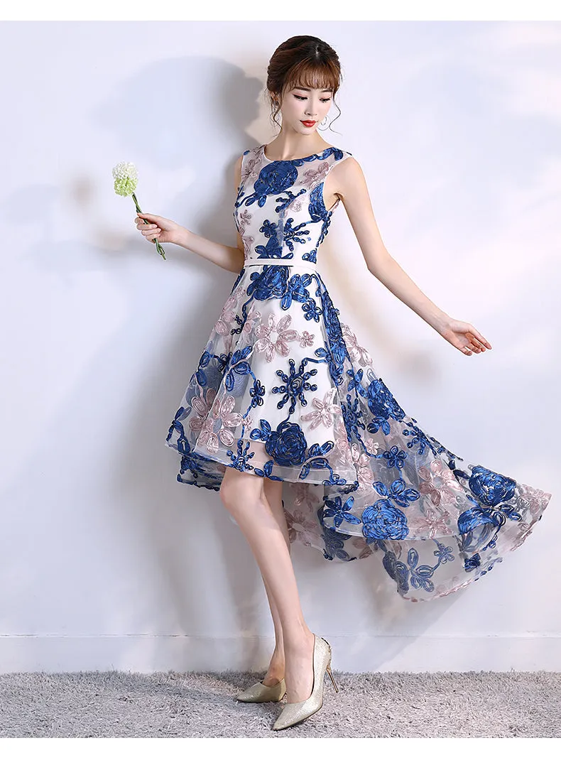 Cute Blue High LowLace Homecoming Dress, Short Prom Dress
