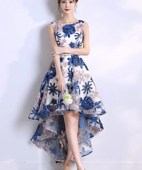 Cute Blue High LowLace Homecoming Dress, Short Prom Dress