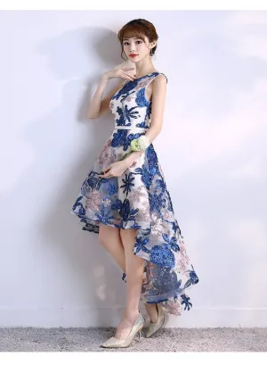 Cute Blue High LowLace Homecoming Dress, Short Prom Dress