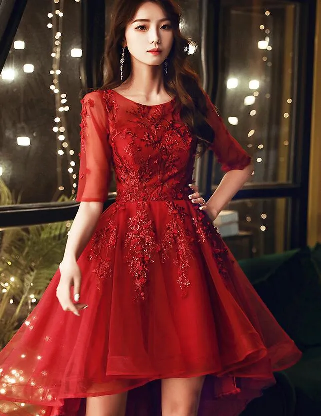 Dark Red High Low Tulle Short Sleeves Flowers Party Dress, Homecoming Dress
