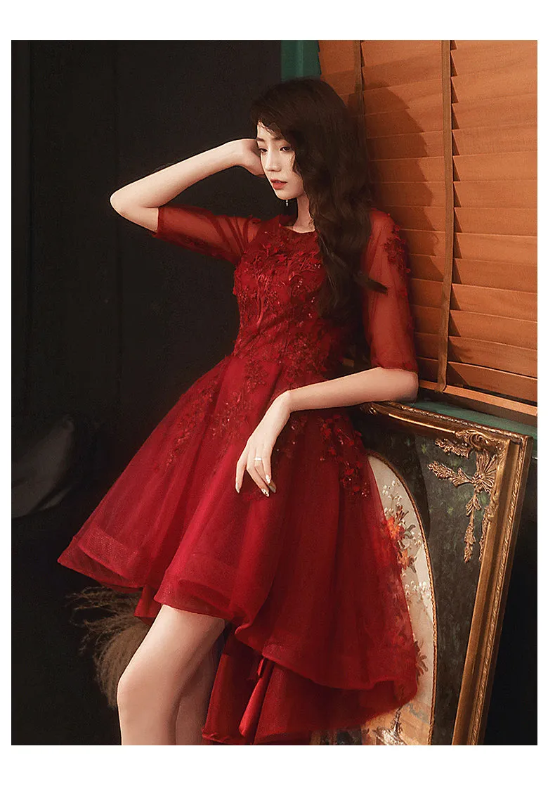 Dark Red High Low Tulle Short Sleeves Flowers Party Dress, Homecoming Dress