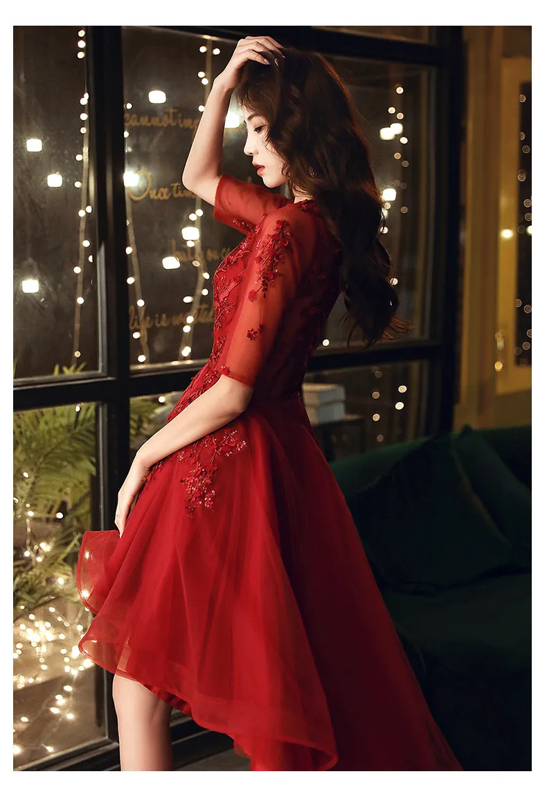 Dark Red High Low Tulle Short Sleeves Flowers Party Dress, Homecoming Dress