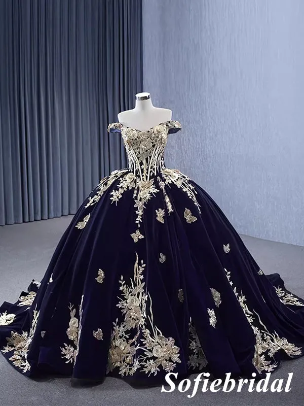 Elegant Off Shoulder Sleeveless A-Line Long Dress Prom Dress With Appliques, PD01114