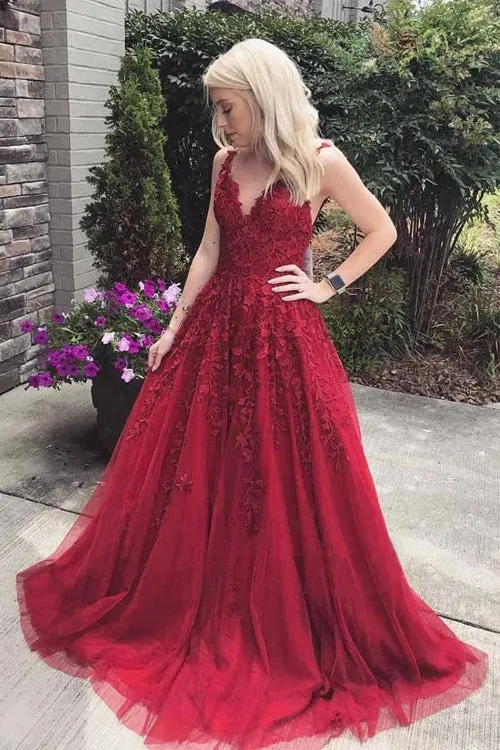 Fabulous Burgundy A-line V-neck Lace Long Prom Dress with Appliques, SP496