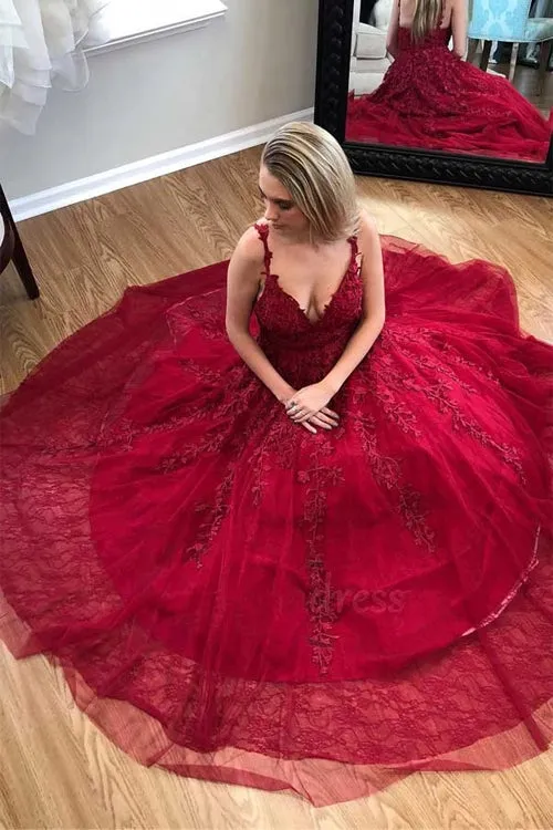 Fabulous Burgundy A-line V-neck Lace Long Prom Dress with Appliques, SP496