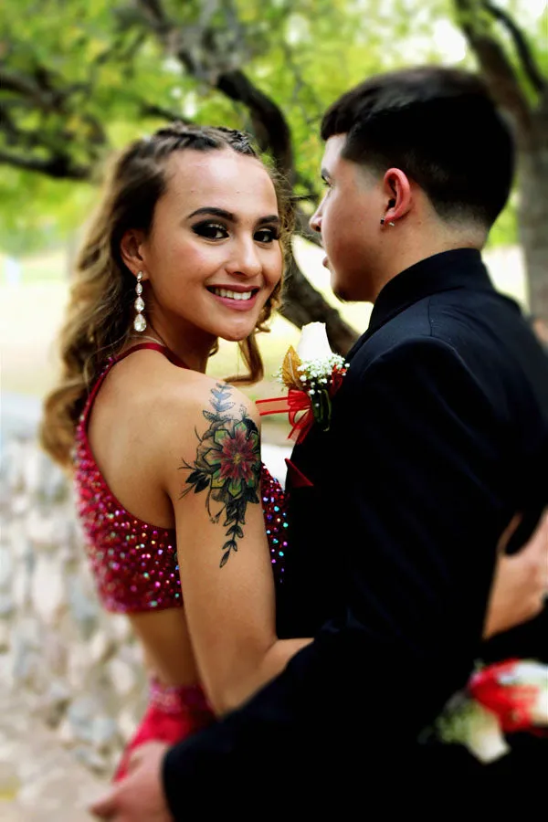 Gorgeous Red Beaded Halter A-line Long Prom Dress with Side Slit, M255