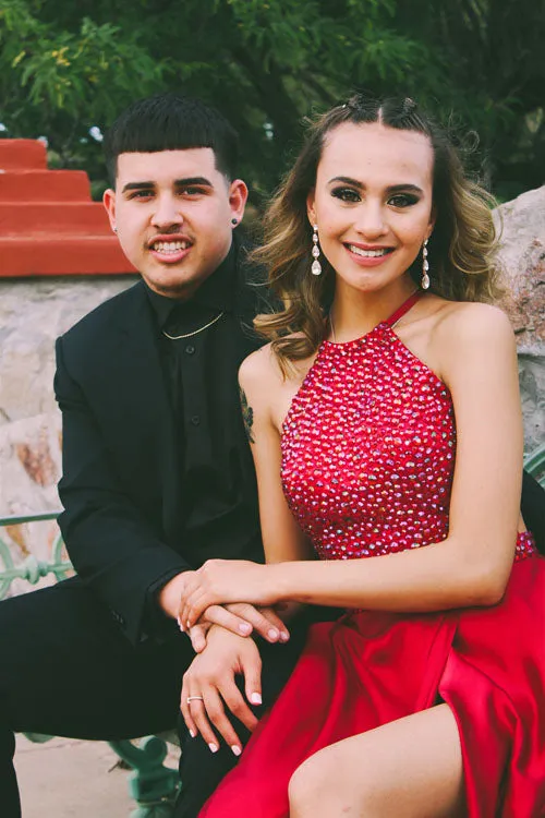 Gorgeous Red Beaded Halter A-line Long Prom Dress with Side Slit, M255