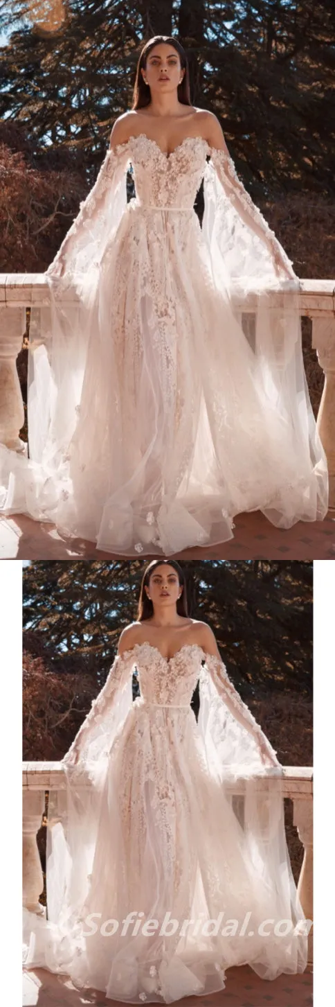 Gorgeous Tulle And Lace Ivory Sweetheart Long Sleeves Wedding Dresses With Applique,SFWD0062