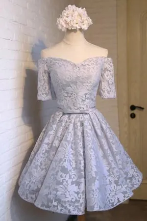 Gray Off Shoulder Half Sleeve Short Prom Dress,Lace Up Appliques Homecoming Dress SH133