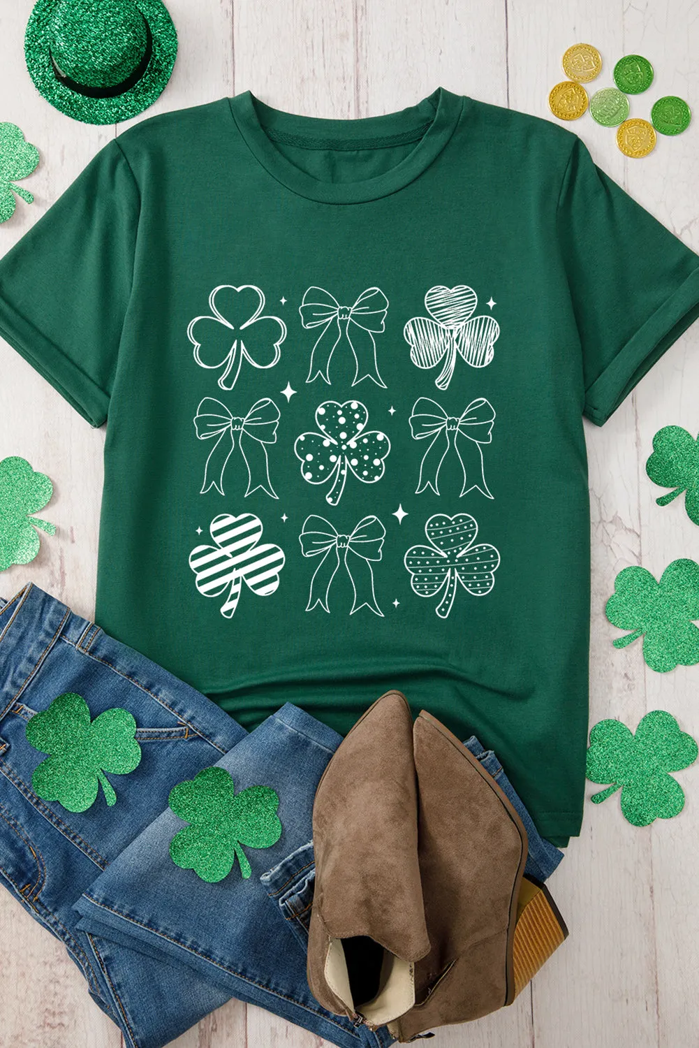 Green Clover Bowknot Graphic St. Patricks T Shirt