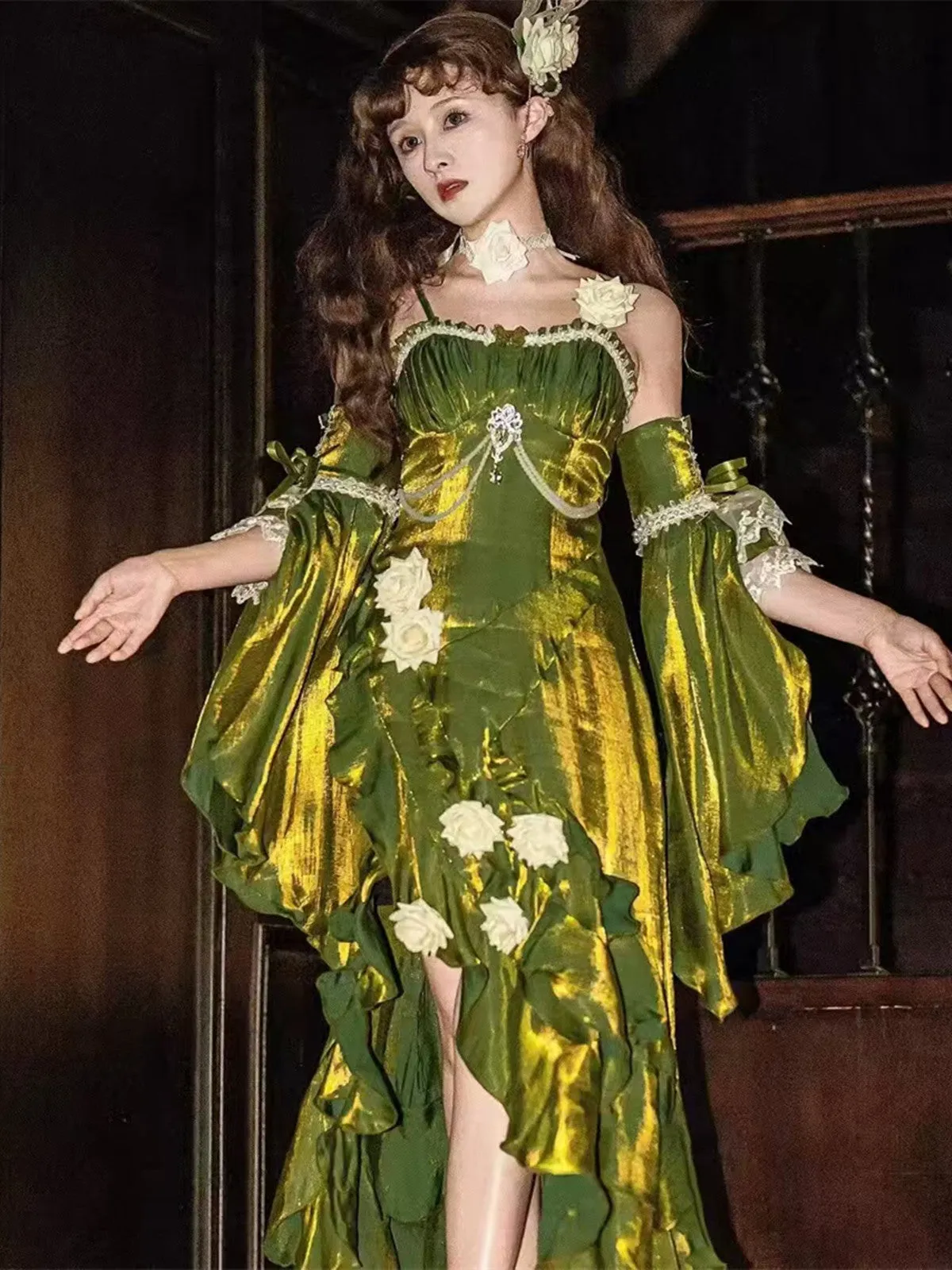 Green Satin High Low Off Shoulder Straps Party Dress, Green High Low Prom Dress