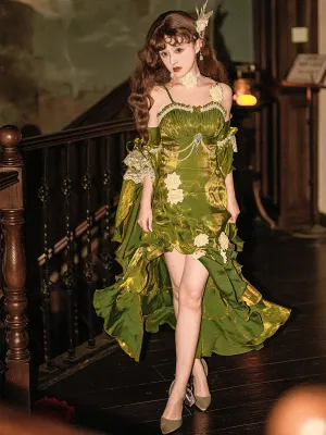 Green Satin High Low Off Shoulder Straps Party Dress, Green High Low Prom Dress