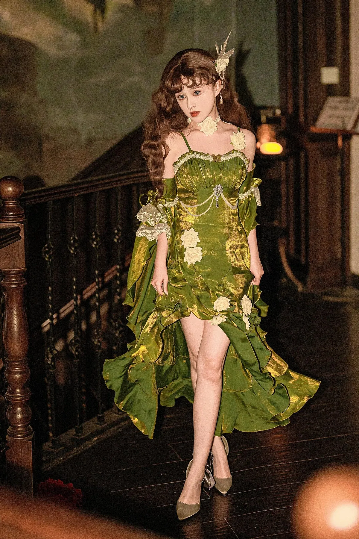 Green Satin High Low Off Shoulder Straps Party Dress, Green High Low Prom Dress