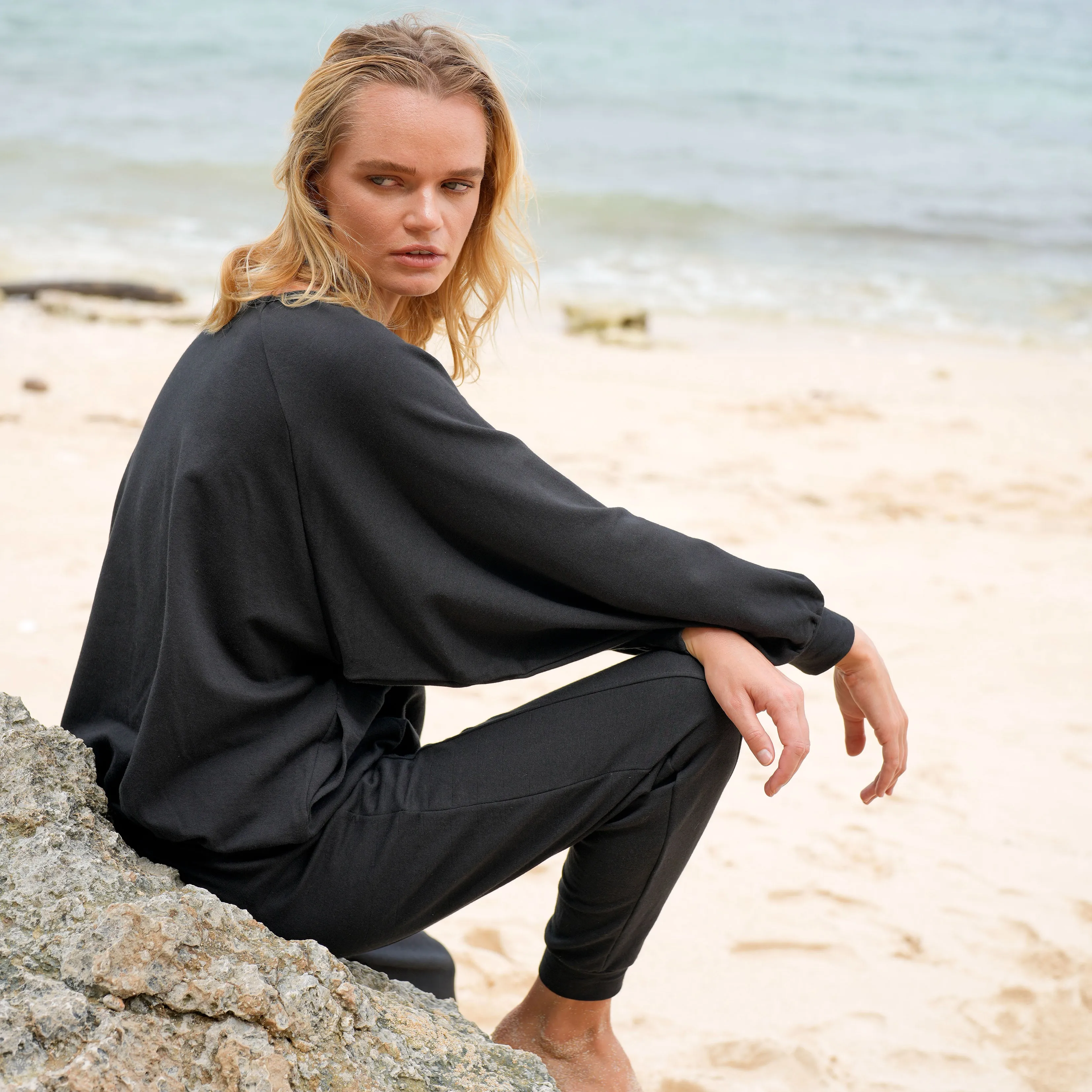 Haley Bamboo Fleece Sweaters, in Black