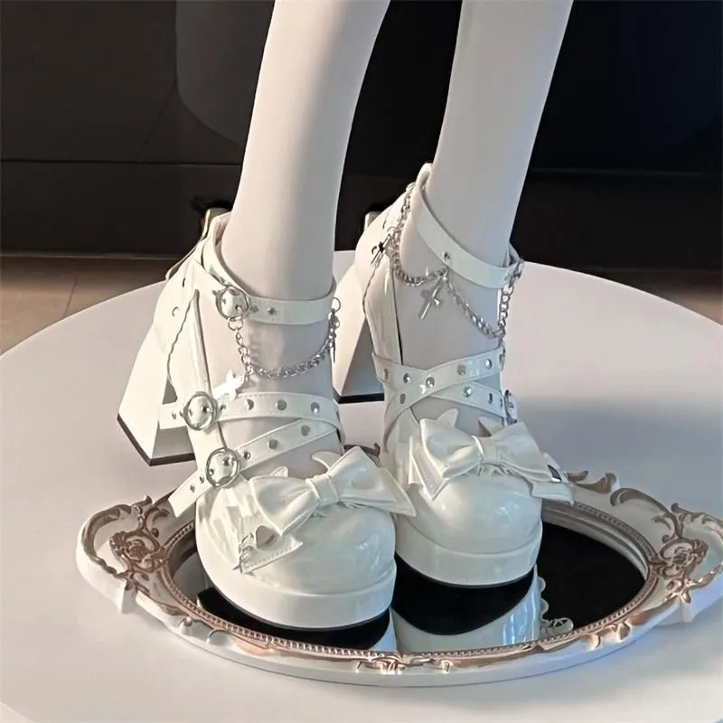 Harajuku Bow Strap Chain High-heeled Shoes