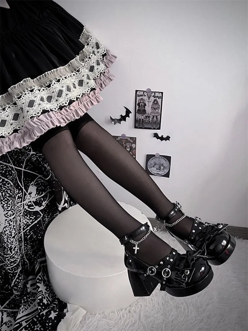 Harajuku Bow Strap Chain High-heeled Shoes