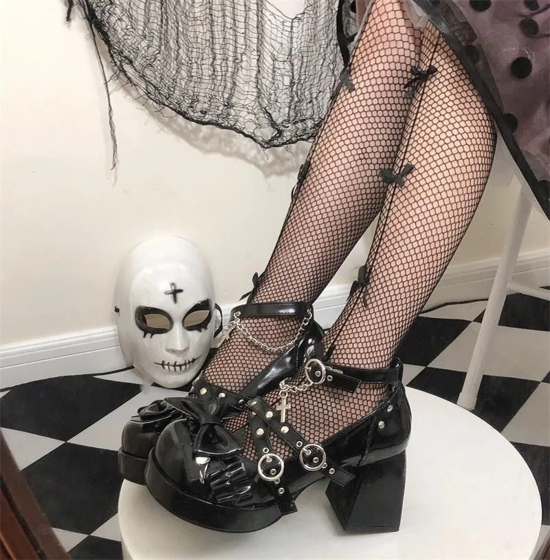 Harajuku Bow Strap Chain High-heeled Shoes