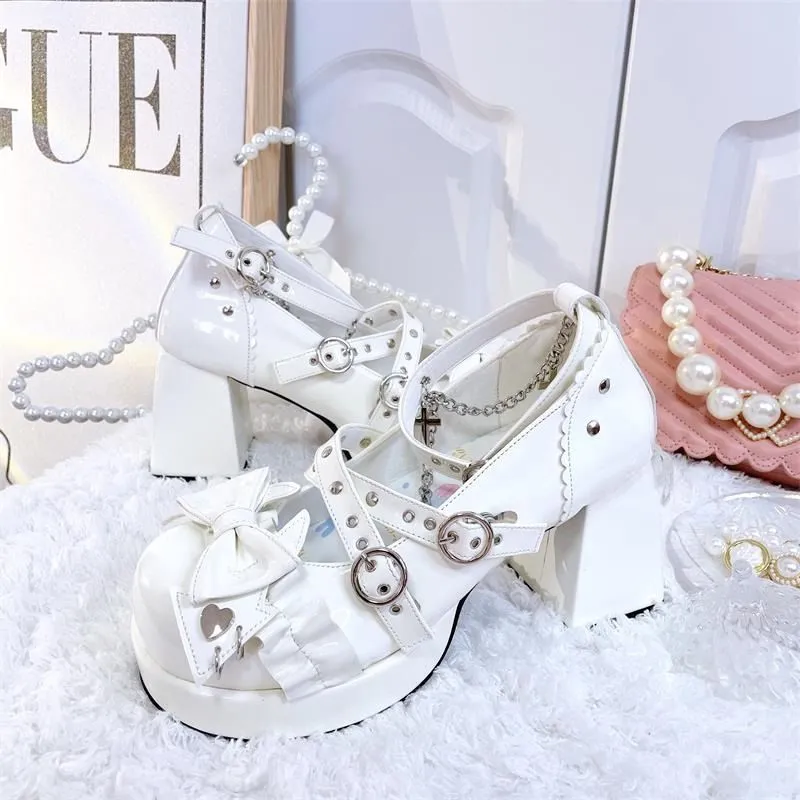 Harajuku Bow Strap Chain High-heeled Shoes