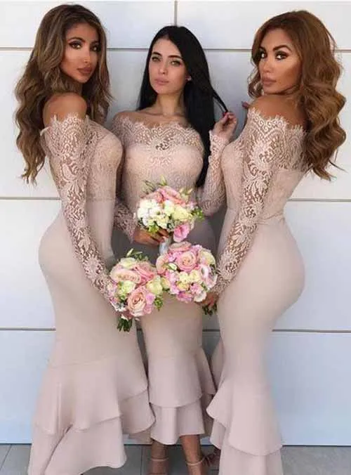 Inexpensive Tea Length Lace Sleeve Nude Off Shoulder Bridesmaid Dresses, BD89
