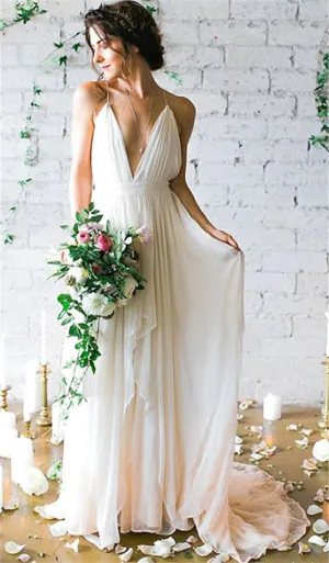 Inexpensive Wedding Dress,Simple Chiffon Wedding Gown, Spaghetti Strap Bridal Gown,Sexy Chiffon Beach Wedding Dress