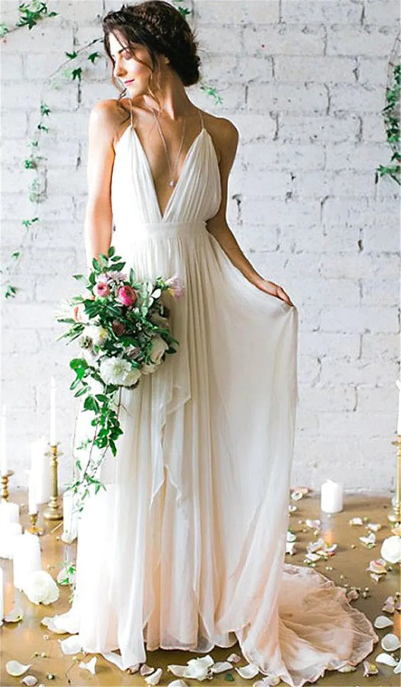 Inexpensive Wedding Dress,Simple Chiffon Wedding Gown, Spaghetti Strap Bridal Gown,Sexy Chiffon Beach Wedding Dress