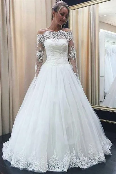 Ivory Lace Off-the-shoulder Long Sleeves Wedding Dresses with Appliques, SW271