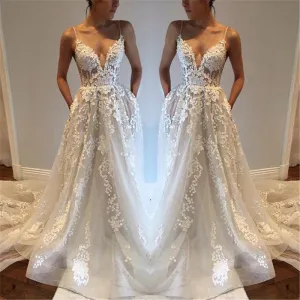 Lace Applique V Neck Gown Prom Dress White Lace Formal Evening Gowns Spaghetti Straps Lace Beach Wedding Dress
