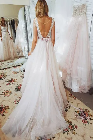 Lace Bodice Beach Open Back Wedding Dresses A Line Dresses with Sash M220