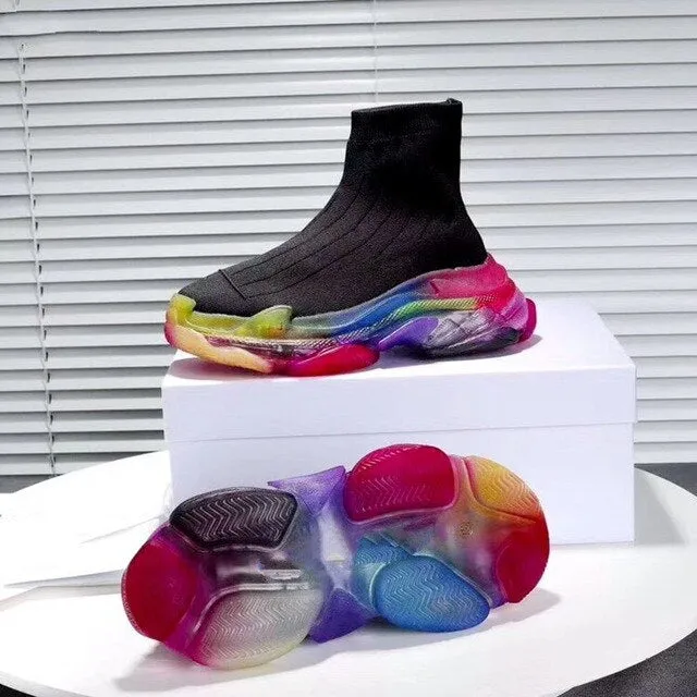 Leisure socks shoes boots Rainbow women platform clear transparent flat knitted elastic short boots with breathable sneaker