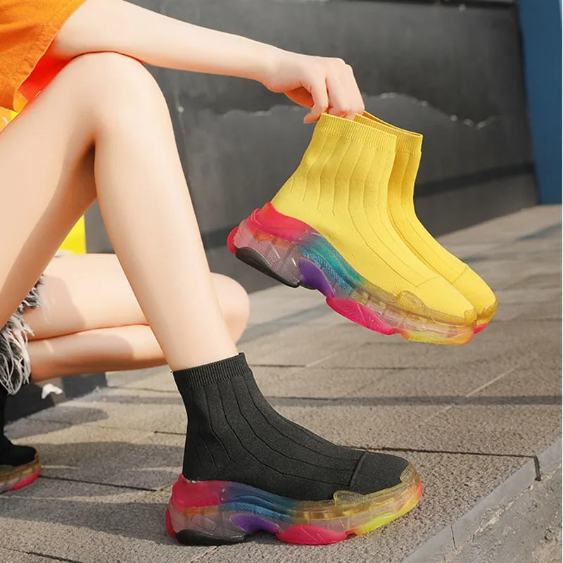 Leisure socks shoes boots Rainbow women platform clear transparent flat knitted elastic short boots with breathable sneaker