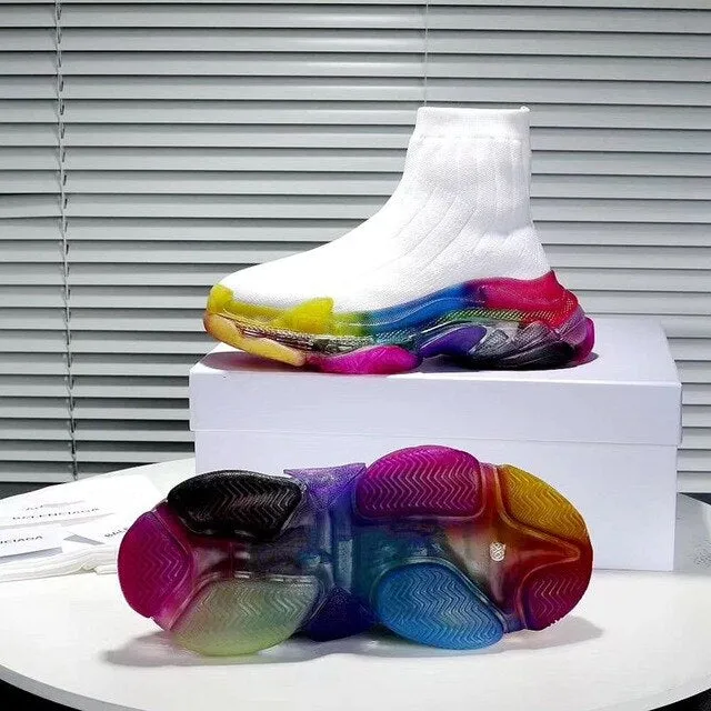 Leisure socks shoes boots Rainbow women platform clear transparent flat knitted elastic short boots with breathable sneaker