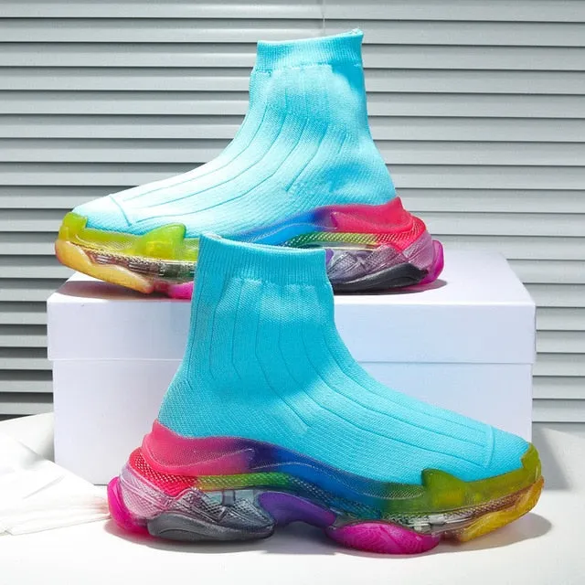Leisure socks shoes boots Rainbow women platform clear transparent flat knitted elastic short boots with breathable sneaker