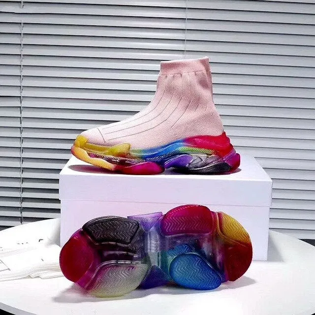 Leisure socks shoes boots Rainbow women platform clear transparent flat knitted elastic short boots with breathable sneaker
