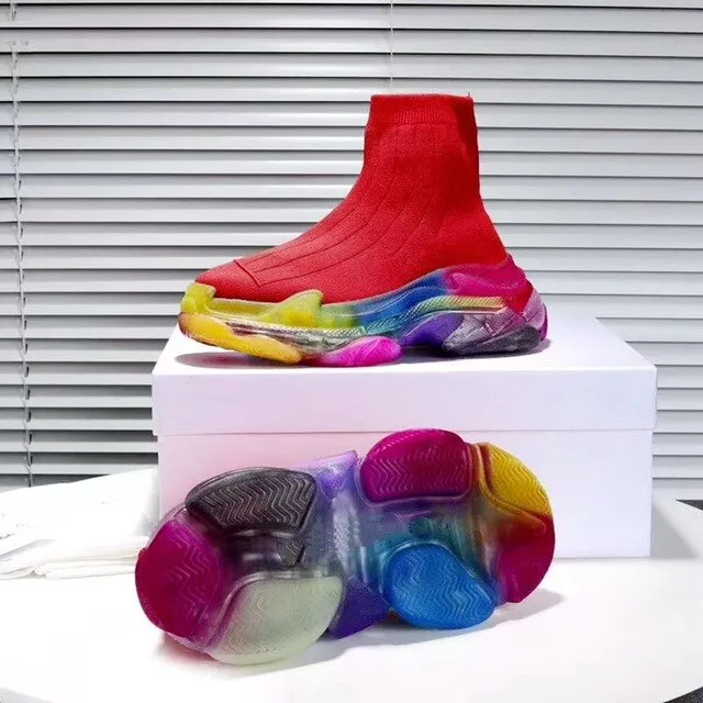Leisure socks shoes boots Rainbow women platform clear transparent flat knitted elastic short boots with breathable sneaker