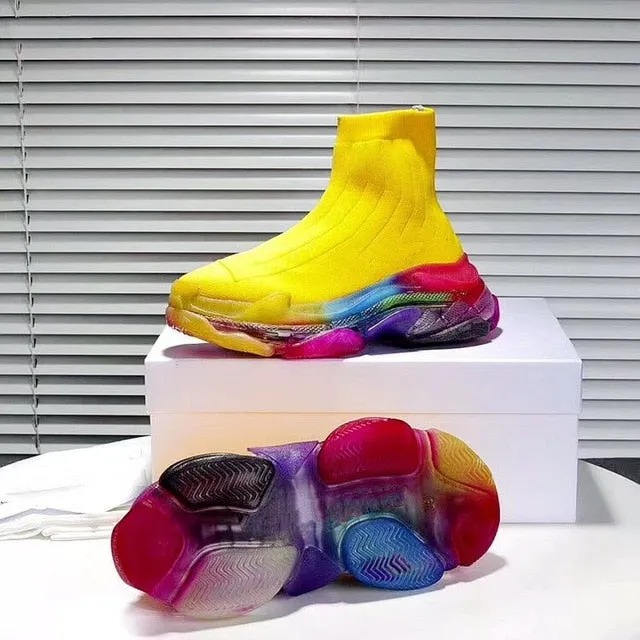 Leisure socks shoes boots Rainbow women platform clear transparent flat knitted elastic short boots with breathable sneaker