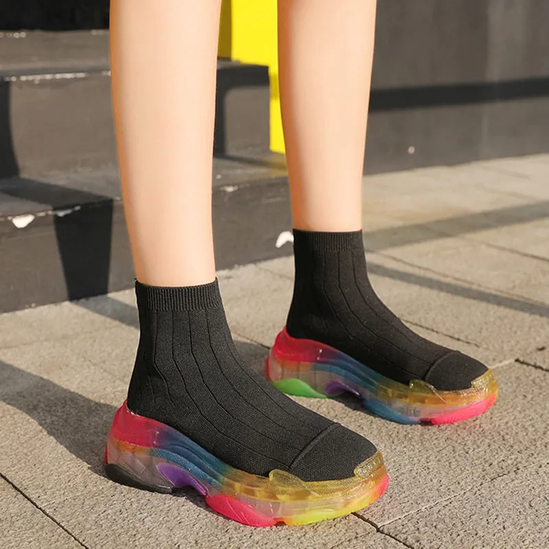 Leisure socks shoes boots Rainbow women platform clear transparent flat knitted elastic short boots with breathable sneaker