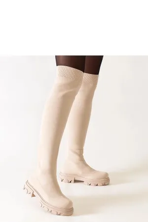 Long beige material heel boots