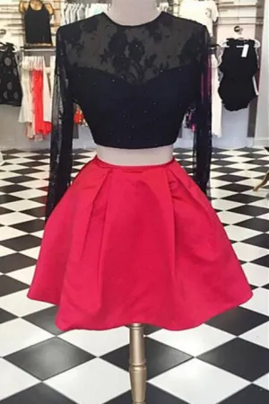 Long sleeve two pieces open back unique style red homecoming prom dress with black lace OK324