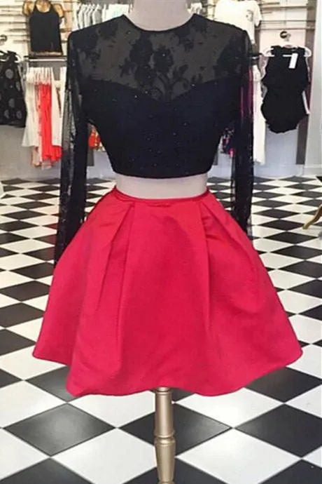 Long sleeve two pieces open back unique style red homecoming prom dress with black lace OK324