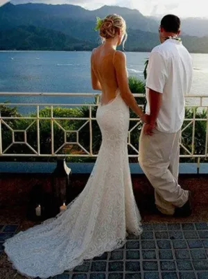 Mermaid Backless White Wedding Dress with Spaghetti Straps Sweep Train Under 200