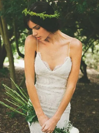 Mermaid Backless White Wedding Dress with Spaghetti Straps Sweep Train Under 200