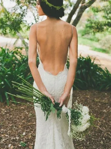 Mermaid Backless White Wedding Dress with Spaghetti Straps Sweep Train Under 200