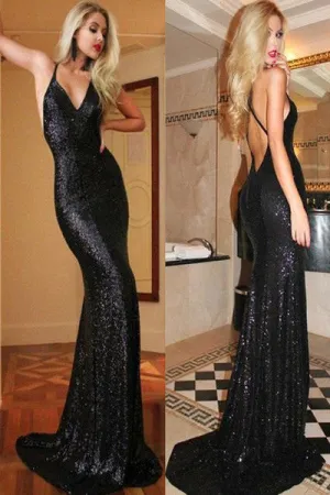 Mermaid Black Sequin Prom Dress,Glittering Backless Party Prom Dress, SVD311