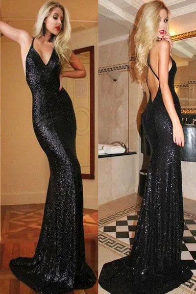 Mermaid Black Sequin Prom Dress,Glittering Backless Party Prom Dress, SVD311