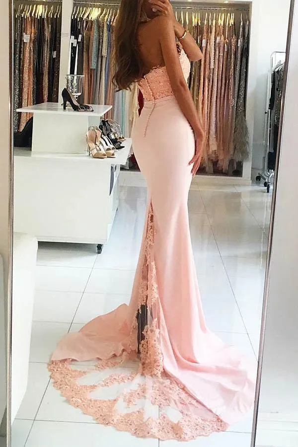 Mermaid High Nack Sweep Train Pink Satin Prom Dress with Beading Lace  PG426
