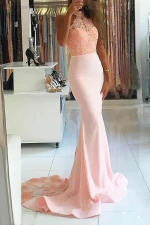 Mermaid High Nack Sweep Train Pink Satin Prom Dress with Beading Lace  PG426