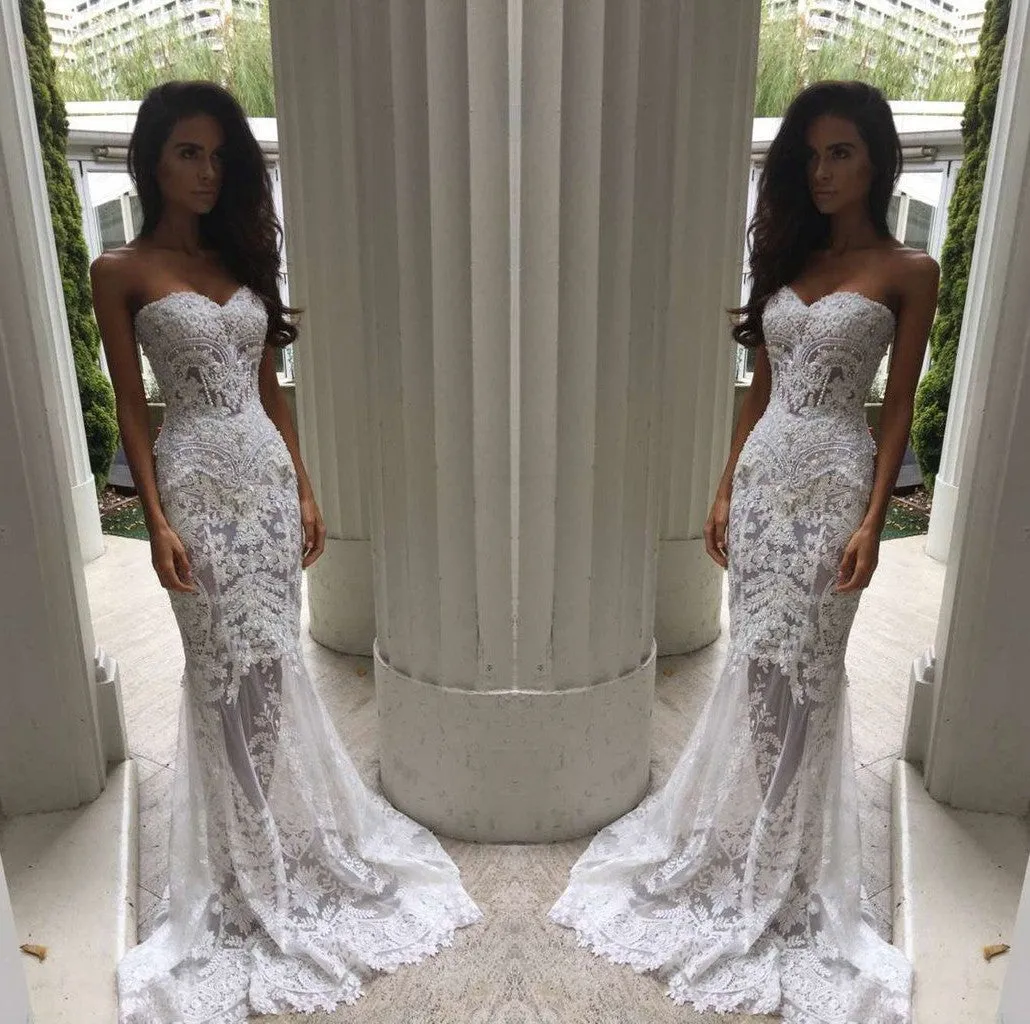Mermaid Sweetheart Sweep Train See Through Ivory Lace Wedding Dress with Appliques