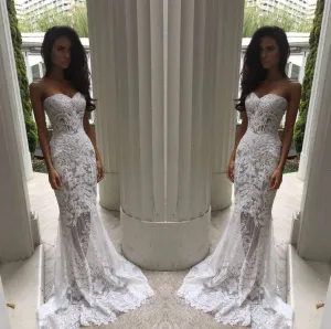 Mermaid Sweetheart Sweep Train See Through Ivory Lace Wedding Dress with Appliques